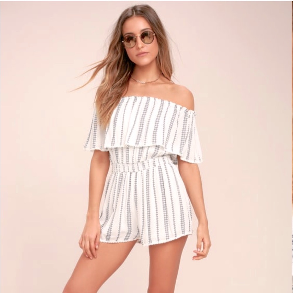 White print off the shoulder romper